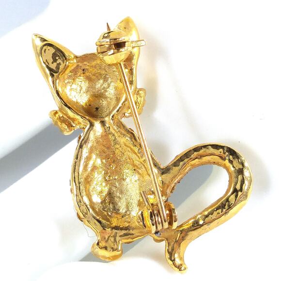 Rhinestone Cat Blue Eyes Brooch, Gold Plated, 1960s Vintage Jewelry - Picture 6 of 10